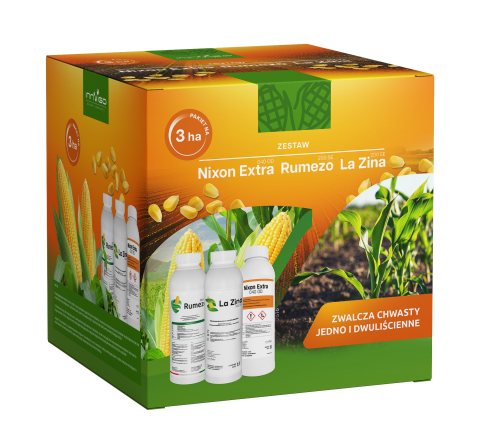 LA ZINA SUPER TRIO PAKIET NA 3HA INNVIGO ZWALCZA CHWASTY JEDNO I DWULIŚCIENNE W KUKURYDZY (NIXON EXTRA 40OD 3X1L, RUMEZO 200SE 3X0,5L, LA ZINA 500SC 2X1L)